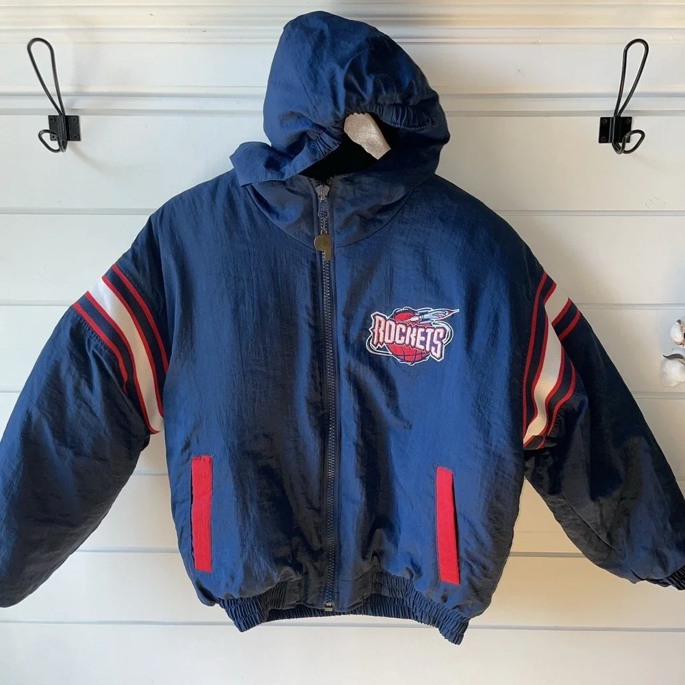 Vintage Pro Player Houston Rockets Puffer Jacket Full Zip Reversible Sz YL 14-16